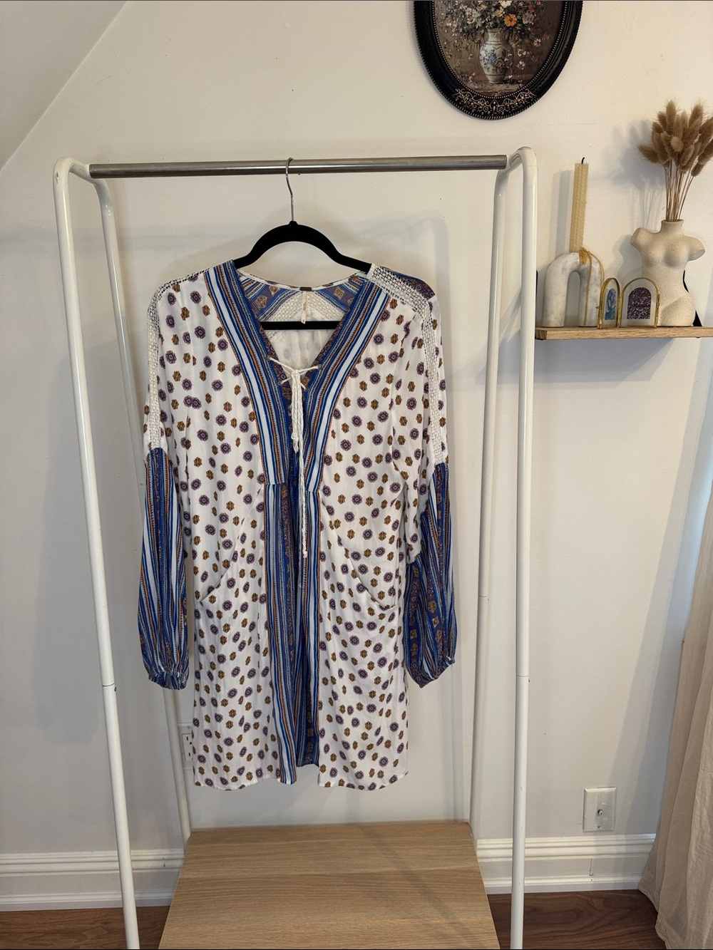 Free People Boho Blue & White Printed Tunic Style Dress size M